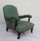 A Victorian ebonised and burr walnut library chair, with an upholstered back,