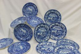A set of six 19th century pottery blue and white plates,