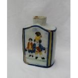 A 19th century Prattware pottery Macaroni figures tea canister, overpainted in blues,