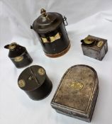 A collection of 19th century tin plate items including two cream jugs with screw down lids,