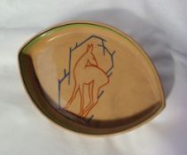 An Ashtead pottery pointed preserve dish painted with a deer, in a pearl barley glaze,
