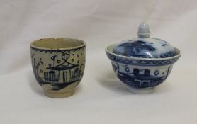 An early 18th century porcelain egg cup possibly Leeds decorated with a cottage, 4.