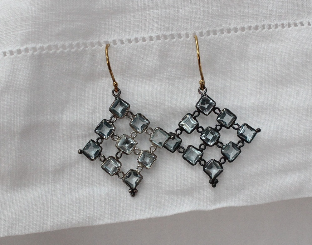 A pair of topaz earrings set with nine square stones in a square formation - Image 2 of 2