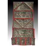 19th C. Tibet Silk Panel w / Silvered Copper Plaques