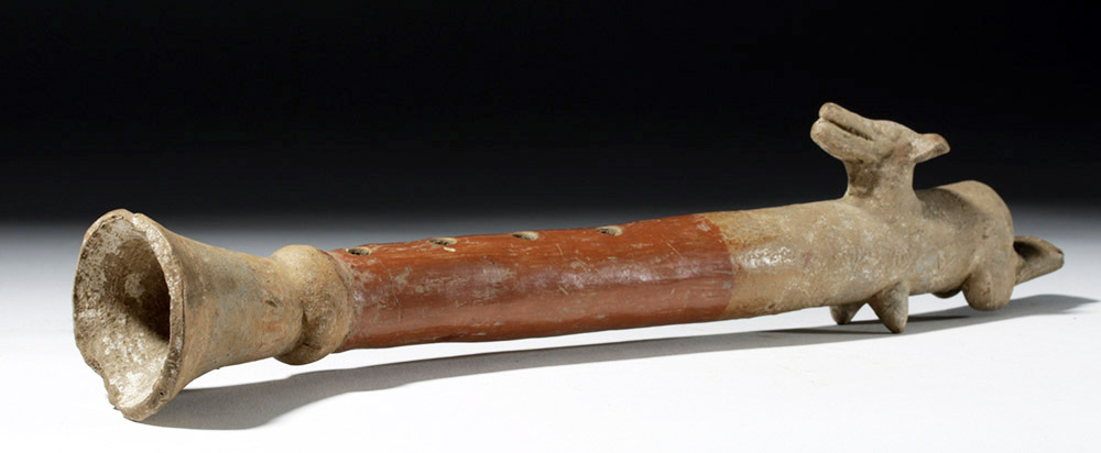 Rare Aztec Polychrome Pottery Flute w/ Coyote