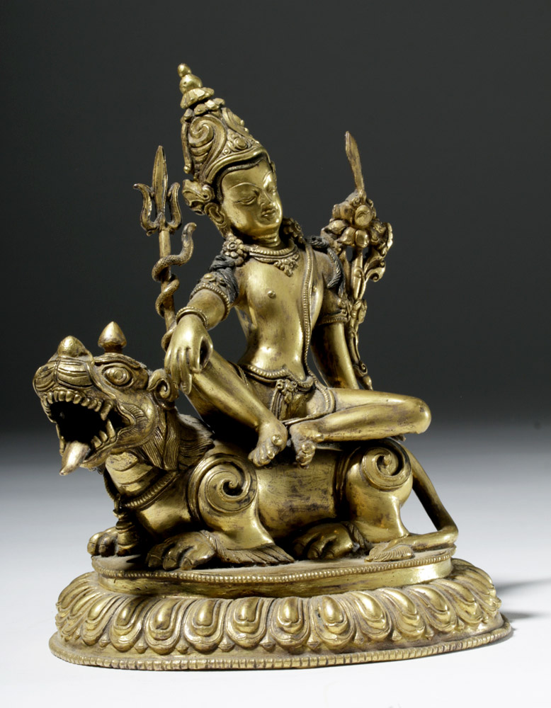 19th C. Tibet Gilded Bronze Shiva Seated on a Tiger - Image 4 of 10