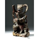 19th C. Chinese Qing Painted Wood Figure Atop Lion