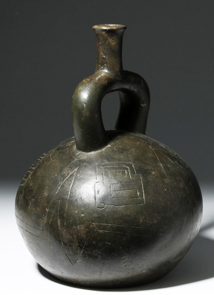 Large Chavin Decorated Blackware Stirrup Jar - Image 2 of 8