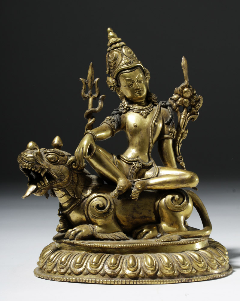 19th C. Tibet Gilded Bronze Shiva Seated on a Tiger - Image 5 of 10