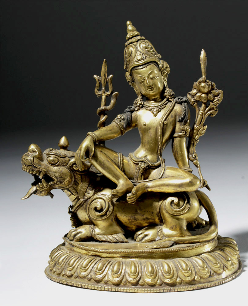 19th C. Tibet Gilded Bronze Shiva Seated on a Tiger