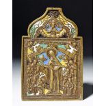 Fine 18th C. Russian Enameled Brass Traveling Icon