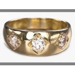 AN 18CT YELLOW GOLD AND DIAMOND GYPSY RING, three claw-set rose-cut diamonds of approximately 0.