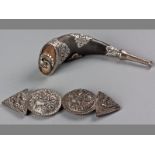 A 19TH CENTURY SILVER TIBETAN HORN FLASK, together with an Indo-Tibetan silver two piece belt