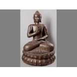 A LATE 20TH CENTURY LARGE THAI BRONZE SEATED FIGURE OF THE BUDDHA SAKYAMUNI, cross legged on a