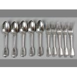 A SET OF TEN VICTORIAN SILVER FIDDLE AND THREAD PATTERN SPOONS AND FORKS, LONDON 1849, GEORGE W.