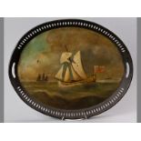 A TOLE TRAY, CIRCA 1830, painted with an English ship, the gallery pierced, 56cm across handles.