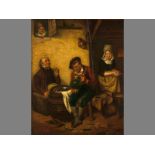 AN 18TH/19TH CENTURY FLEMISH SCHOOL, PEOPLE DINING, Oil on board, Signed "Ehdedmedt", 48 by 37cm