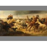 Ludwig Kbler (Act. C. 1850-1868) GERMAN, GATHERING HORSES, Oil on canvas, Signed, 39 by 72cm
