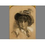 A 19TH/20TH CENTURY CONTINENTAL PENCIL SKETCH, PORTRAIT OF A YOUNG BOY WEARING A FEATHER CAP, pencil