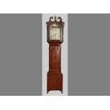 A GEORGE III OAK AND MAHOGANY LONGCASE CLOCK, the hood with a broken arch pediment and finial