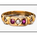 AN 18CT YELLOW GOLD, DIAMOND AND RUBY RING, diamond and rubies claw-set on a solid shank, 3.8g.