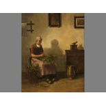 Johan Cornelis van Hulsteijn (1860-1894) DUTCH, FEMALE SERVANT PEELING VEGETABLES, Oil on canvas,