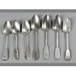 A COLLECTION OF SEVEN 19TH CENTURY CONTINENTAL AND RUSSIAN SILVER FIDDLE PATTERN SERVING SPOONS,