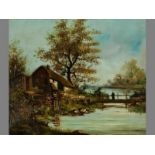 A LATE 19TH/EARLY 20TH CENTURY DUTCH SCHOOL, COTTAGES AT LAKE, Oil on canvas, Signed with