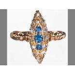 AN 18CT YELLOW GOLD, SAPPHIRE AND DIAMOND RING, three claw-set sapphires in vertical form surrounded