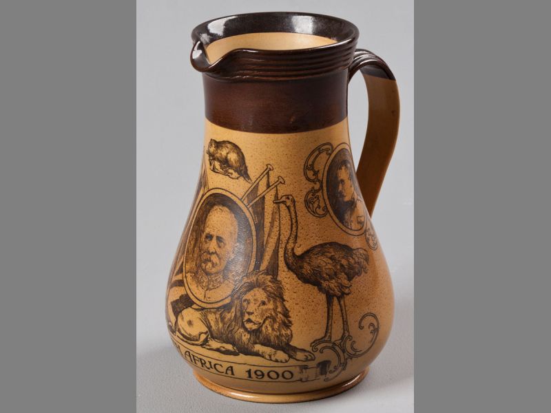 A DOULTON LAMBETH COMMEMORATIVE STONEWARE JUG, decorated on the body with the three heroic generals;