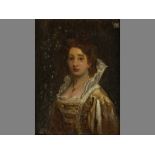 A 19TH CENTURY PORTRAIT OF A LADY IN ELIZABETHAIN COSTUME, Oil on board, Signed with initials "S.