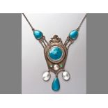 A BRITISH ARTS & CRAFTS NECKLACE, with natural pearls, silver and translucent enamel surmounted by a