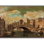 Giacomo Guardi AFTER (1764-1835) ITALIAN, VENETIAN CANAL SCENE WITH BRIDGE, Oil on canvas, 48 by