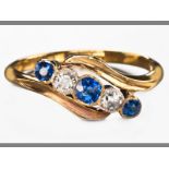 AN 18CT YELLOW GOLD, SAPPHIRE AND DIAMOND RING, two rose-cut diamonds and three sapphires in a