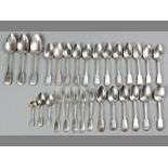 AN ASSEMBELD SET OF 19TH CENTURY SILVER FIDDLE PATTERN CUTLERY, various dates and makers, comprising