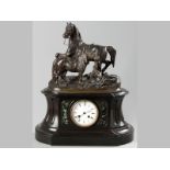 AN EARLY 20TH CENTURY FRENCH BLACK SLATE AND MARBLE INLAID CLOCK, the French movement with an
