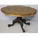 A VICTORIAN WALNUT AND BURR WALNUT LOO TABLE, the quaretered top with a thumb moulded edge above a