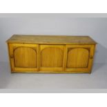 A 19TH CENTURY CAPE YELLOWWOOD SERVER, the moulded top above three sliding arched panelled doors,