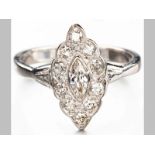 AN 18ct WHITE GOLD AND DIAMOND RING, centre marquise cut diamond surrounded by ten rose-cut diamonds