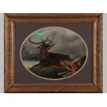 A 19th/20th Century Continental Oil on Board, DEER HUNTING A DOG, 36 by 46cm.