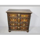 A WILLIAM AND MARY OAK CHEST OF DRAWERS, the moulded top above a graduated set of two short and