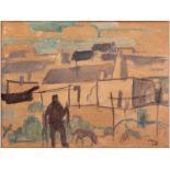 Alfred Frederick Krenz (1899-1980) HOUSES WITH FIGURE AND DOG IN FOREGROUND, mixed media on board,