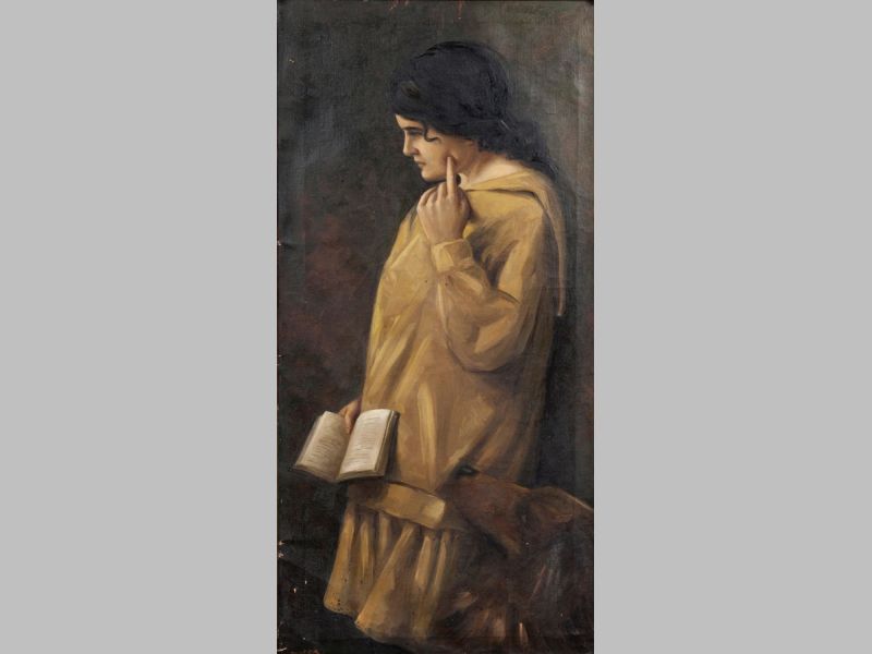 An Early 20th Century Continental Oil on Canvas, GIRL WITH DOG, 79 by 39cm.