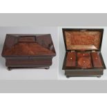 A WILLIAM IV ROSEWOOD TEA CADDY, of sarcophagus form, fitted with various compartments including a