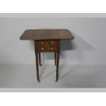 A GEORGE III MAHOGANY SMALL PEMBROKE TABLE, the rectangular top with drop leaves above two drawers