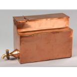 AN EARLY 20TH CENTURY RECTANGULAR COPPER HOT WATER URN, with brass tap, 27cm high, 36cm long, 17cm