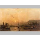 Alfred Clint (BRITISH: 1807-1883) HARBOUR SCENE AT SUNSET, oil on board, signed, 43.5 by 75cm