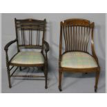 AN EDWARDIAN WALNUT ARMCHAIR, the top-rail with a marquetry inlaid table above multiple