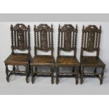 A SET OF FOUR CARVED OAK CHAIRS, in 17th Century style, the ornately carved back supported by barley