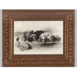 A 19th/20th Century Charcoal Sketch, TWO SPANIELS, 34 by 49cm.